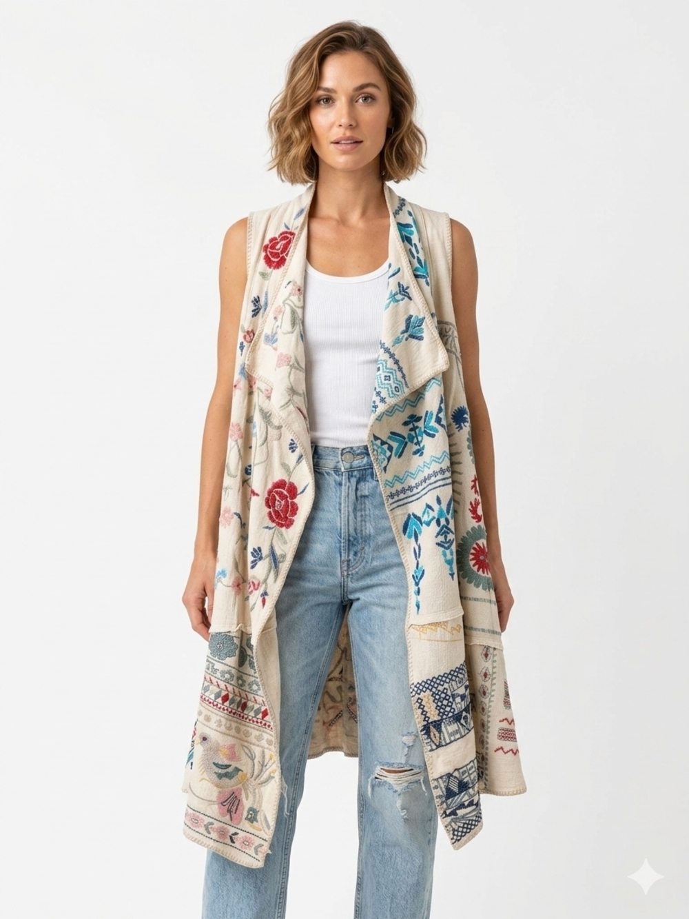 NWT Johnny Was Biya Imrie Patchwork Embroidered Vest Cream Boho Sz M